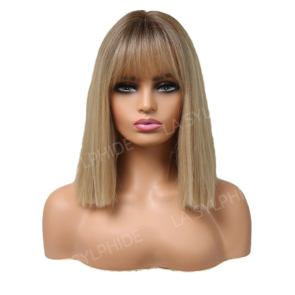 Brown Gradient Golden Chemical Fiber Female Wig Short Straight Hair