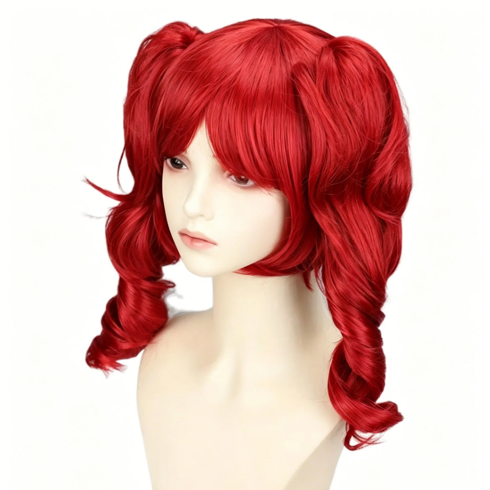 Female Red Double Ponytail Jaws Clamp Curly Hair Party Cos Wig
