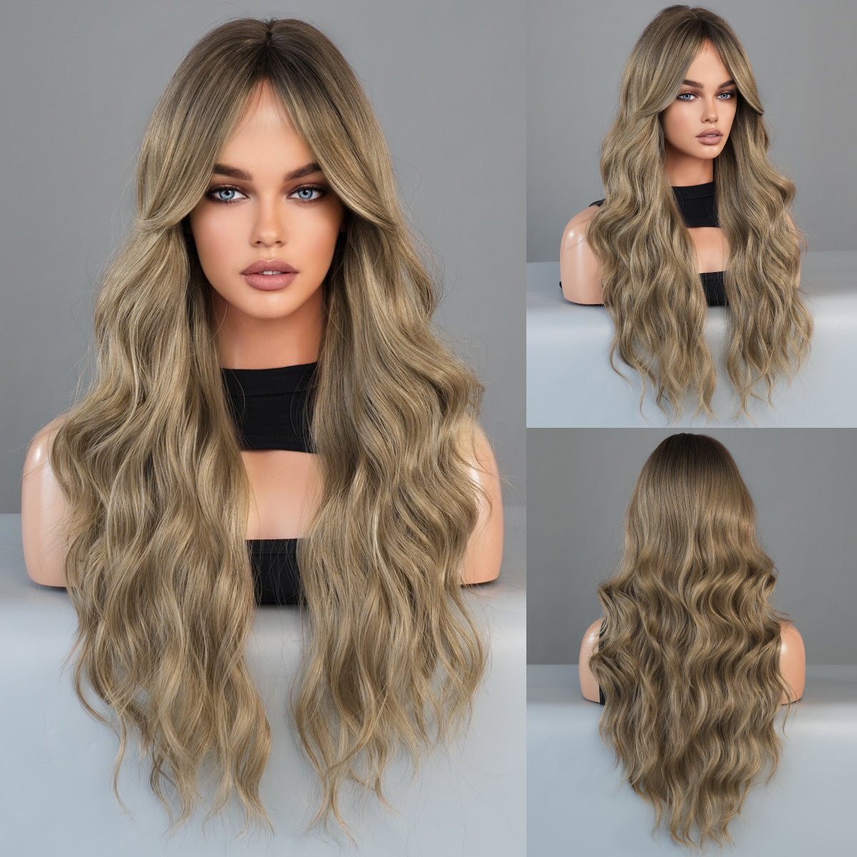 Women's Bronze Golden Fashion Curly Hair Bangs Big Wig Long Curls