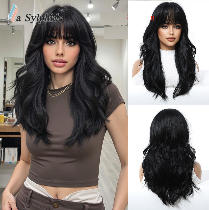 Straight Bangs Orange Rose Net Flip Natural Soft Fashion Large Wig Long Curls