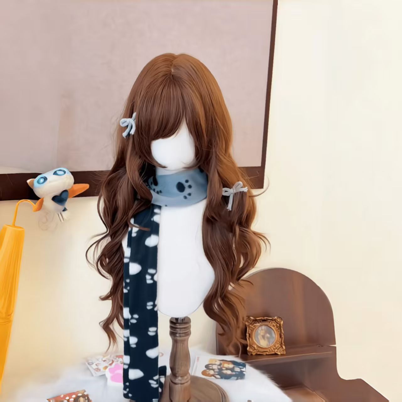 Winter Warm Sun Female Curly Hair Chocolate Brown Side Bangs Wig Long Curls