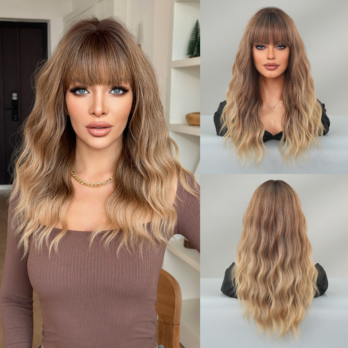 Gradient Brown Mid-length Wavy Curly Hair With Bangs On The Other Wig