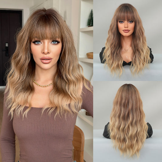 Gradient Brown Mid-length Wavy Curly Hair With Bangs On The Other Wig