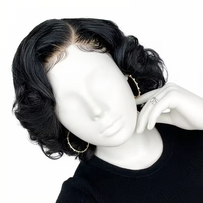 Black Side Points Artificial Free Labeling Wig Short Curly Hair