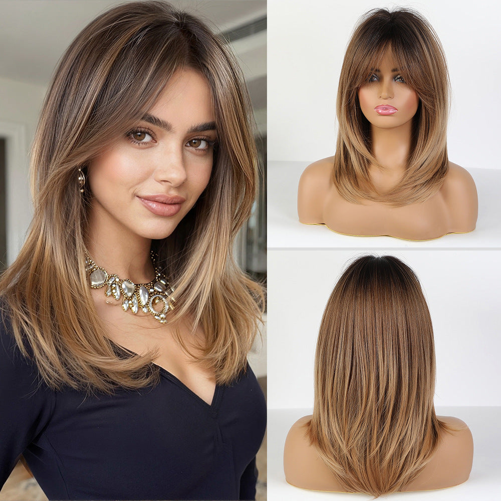 Women's Gradient Golden Bangs Fiber Rose Net Long Straight Wig