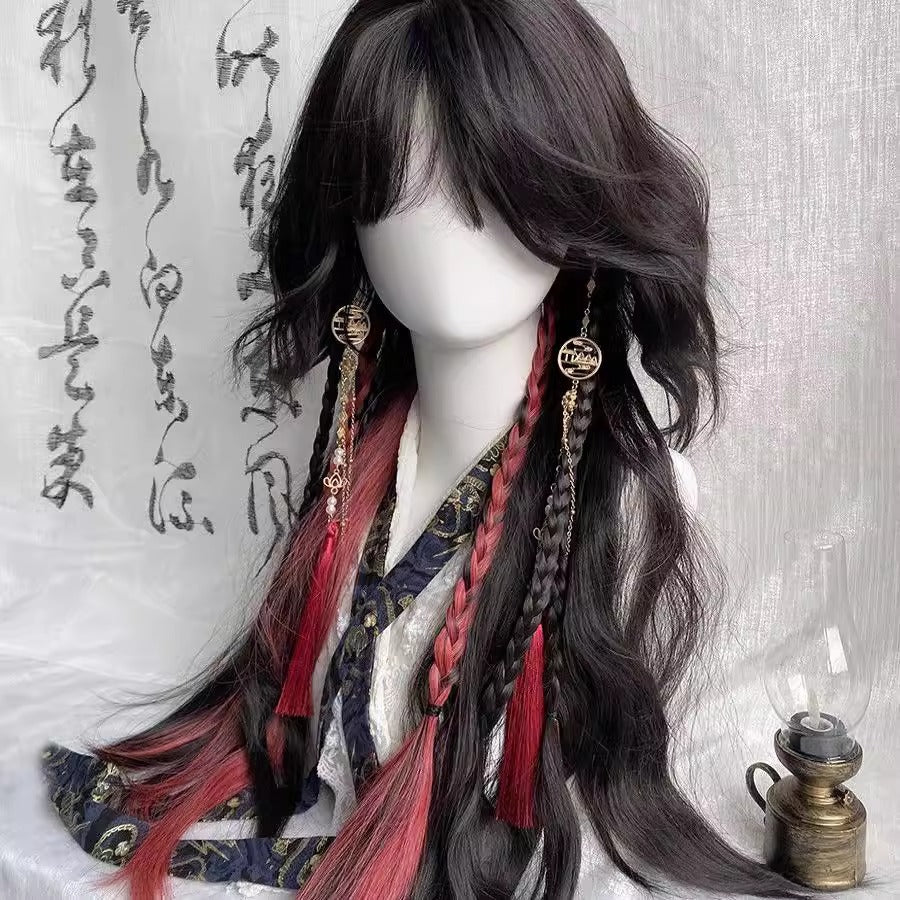 Red Dust Rolled Female Black Dyed Small Jellyfish Head Ancient Wig Long Curls
