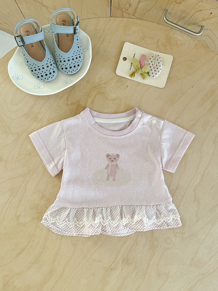 Summer Infant Cartoon Printed Top Sweet Lace Short Children's T-shirt