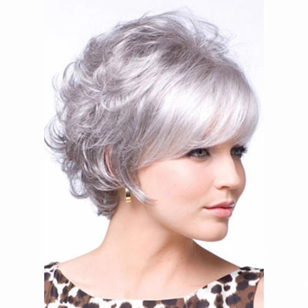 Human Granny Grey Flower White Fluffy Lifelike Wig Short Curly Hair