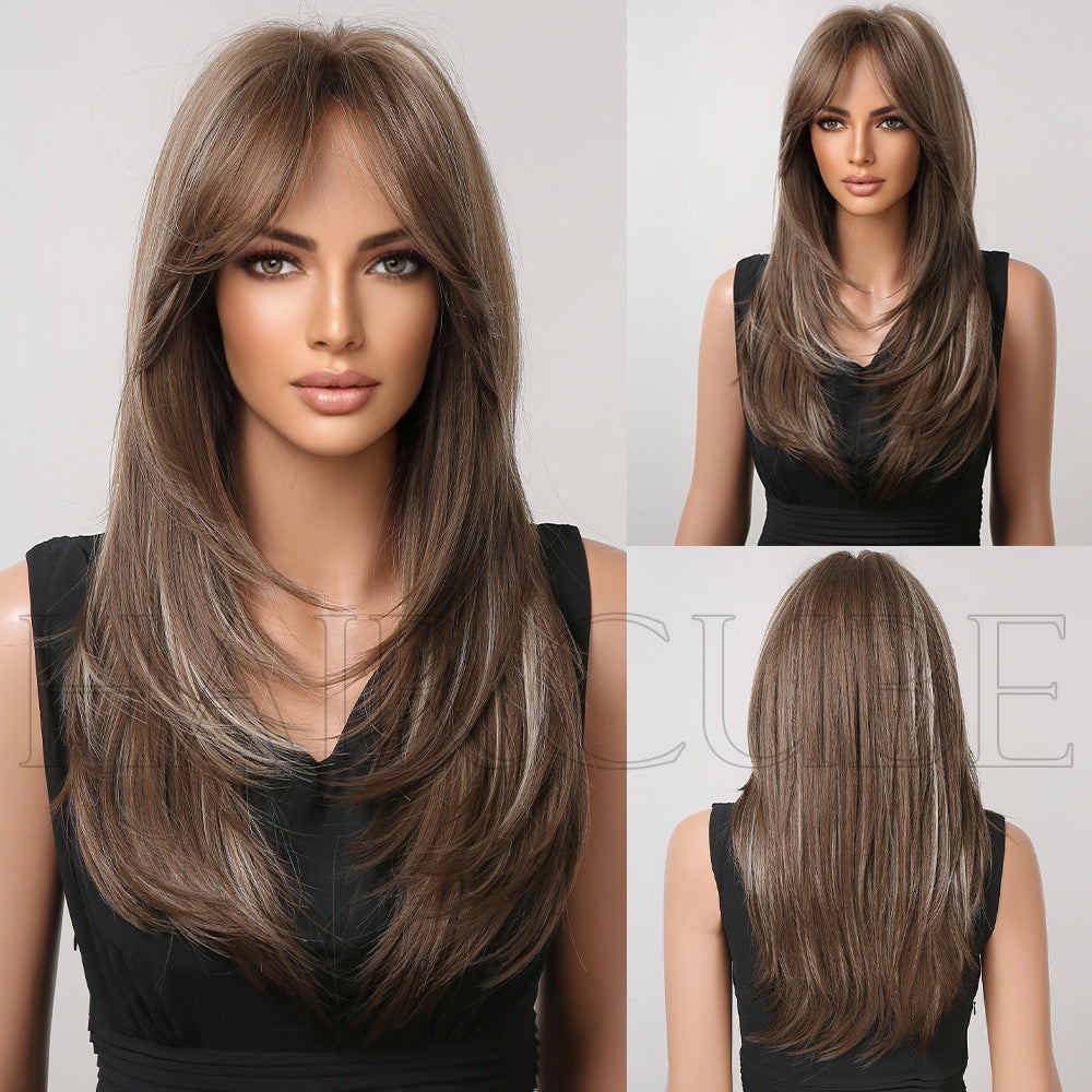 Women's Bangs High-level Gradient Golden Mechanism Long Straight Wig