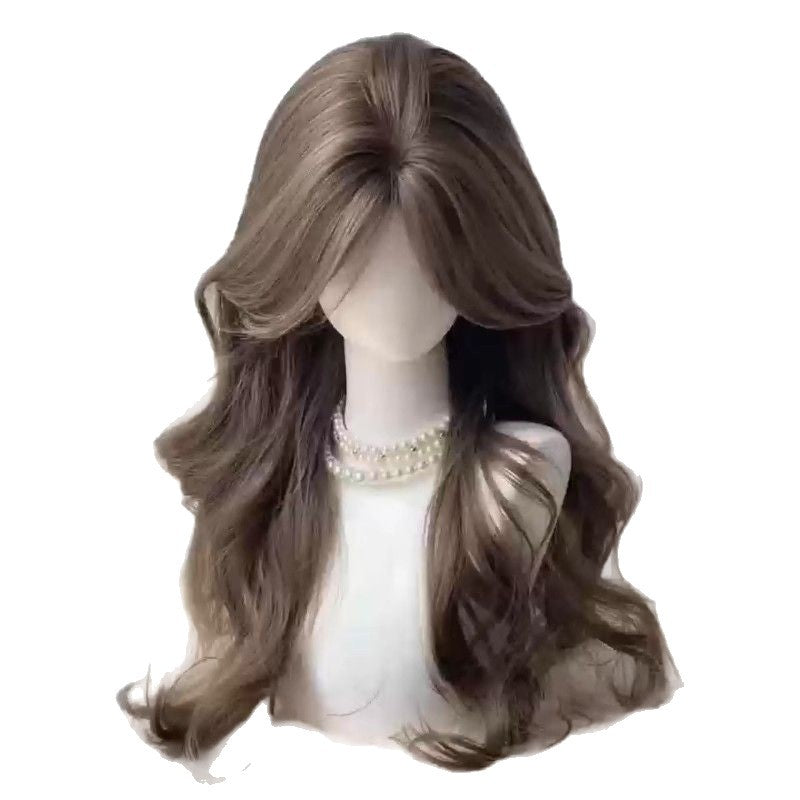 Female Mint Beige Mid-length Bangs Curly High Skull Top Growing Wig Long Curls