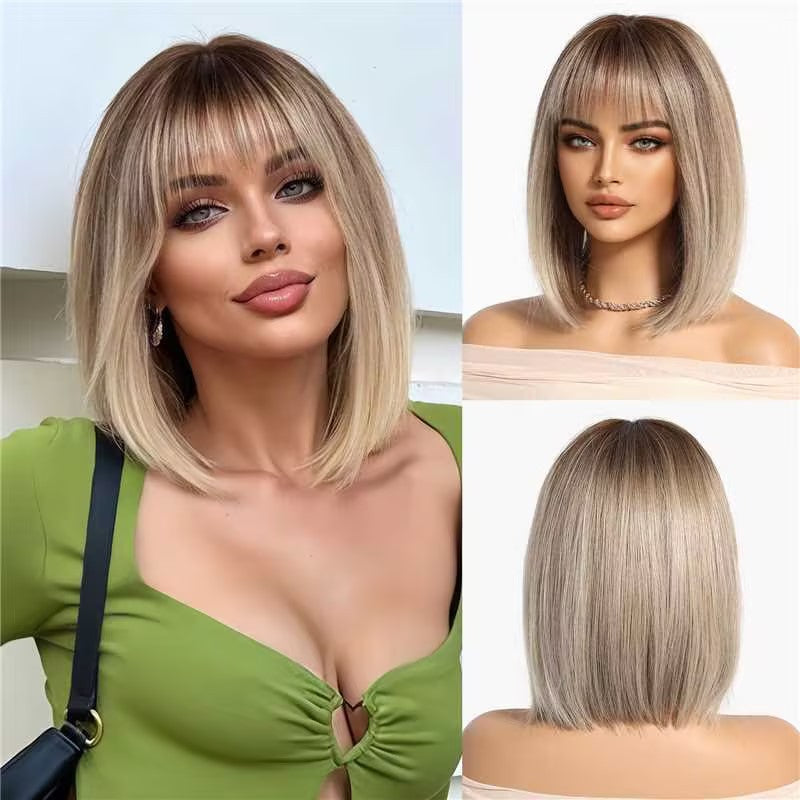 Gradient Brown Highlights Air Bangs Natural Realistic Chemical Fiber Full Wig Short Straight Hair