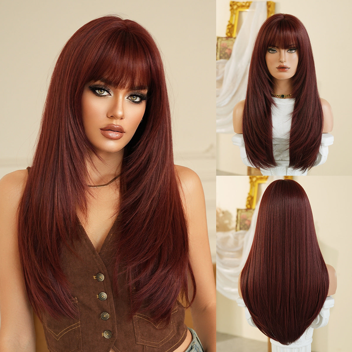 Bangs Daily Use Fluffy Synthetic Heat Resistant Long Straight Wig