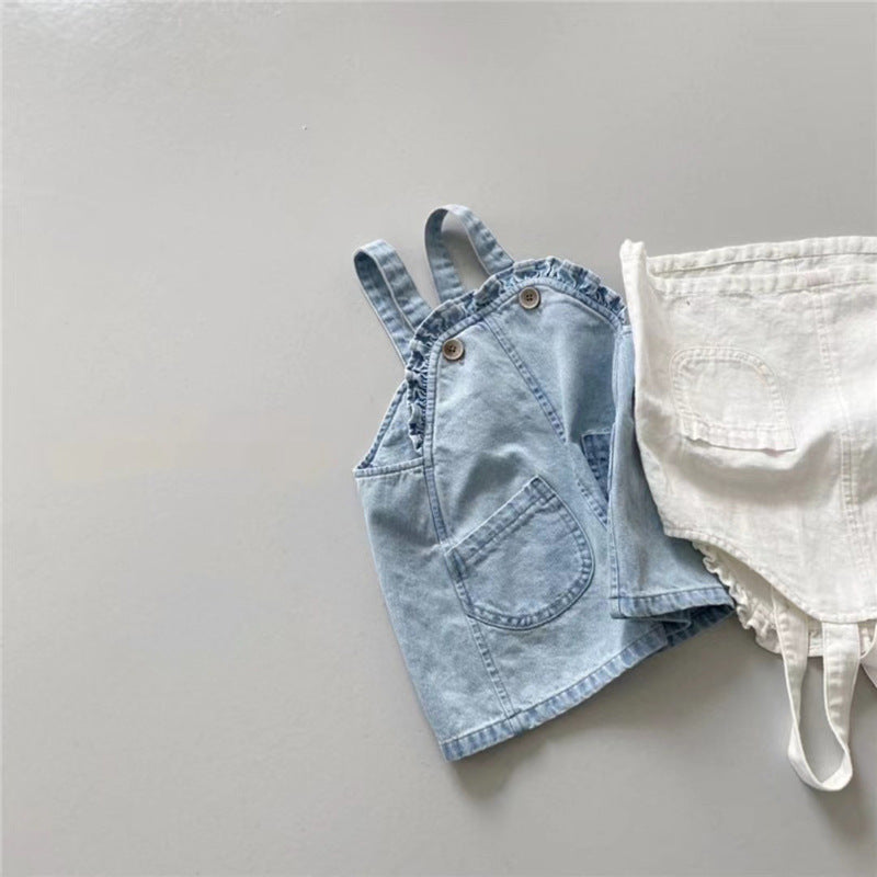 Children's Korean Style Clothing Summer Cotton Denim Suspender Skirt Floral Short Children's Suit