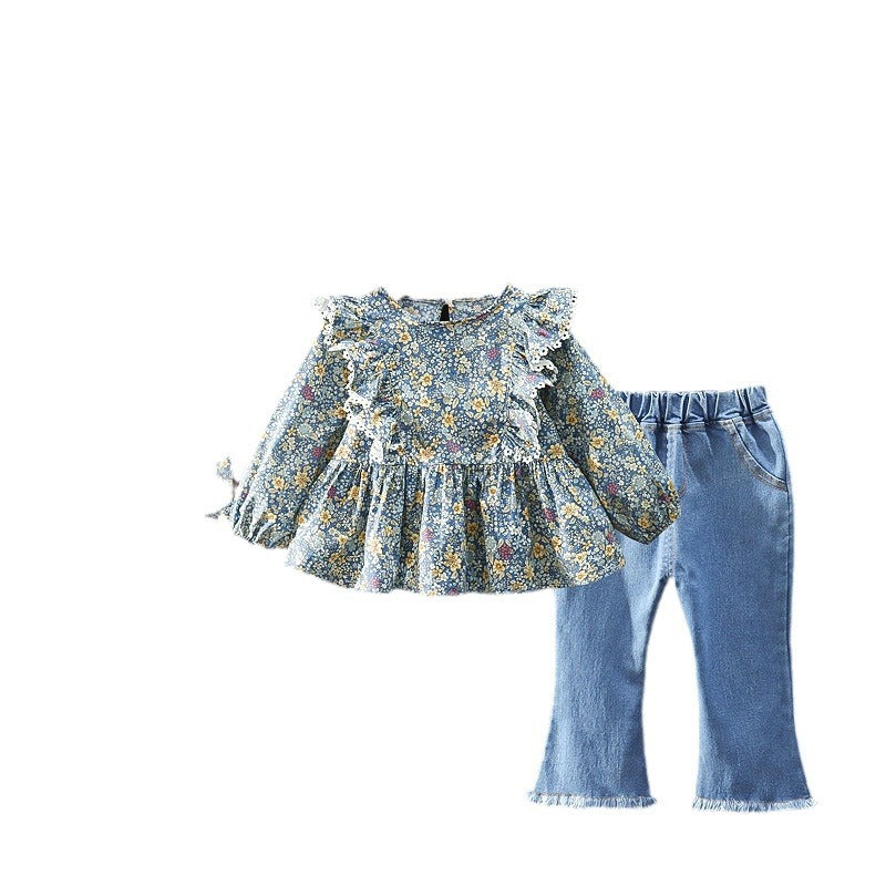 Long Sleeve Shirt Casual Jeans Two-piece Children's Suit