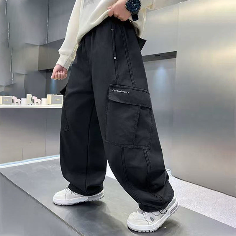 Children's Large Trousers Boyish Look Overalls Loose Straight Fashionable Pure Children's Pants