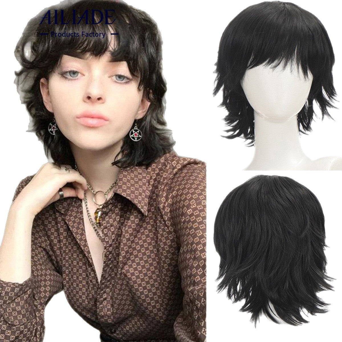 Men's Two-dimensional Short Curly Hair Straight Fiber Men's Wig