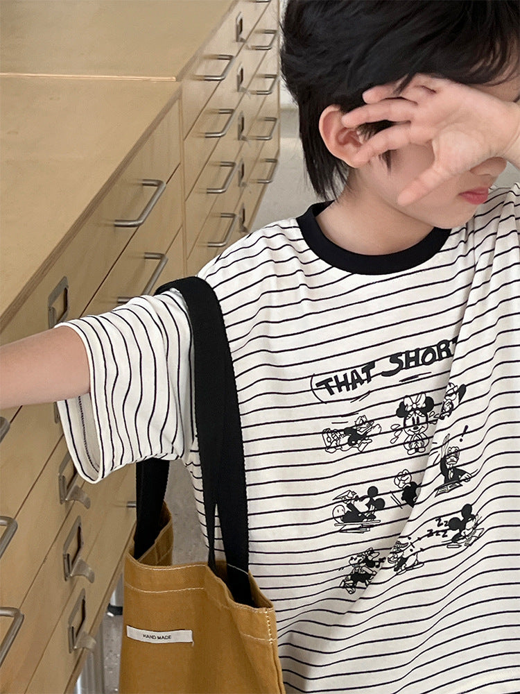 Children's Style Striped Cartoon Printed Round Neck Pullover Casual Children's T-shirt