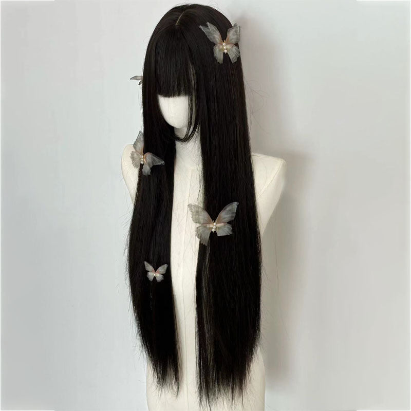 Female Natural Sideburns Bangs Hair Dark Brown Simulation Daily Lolita Long Straight Wig