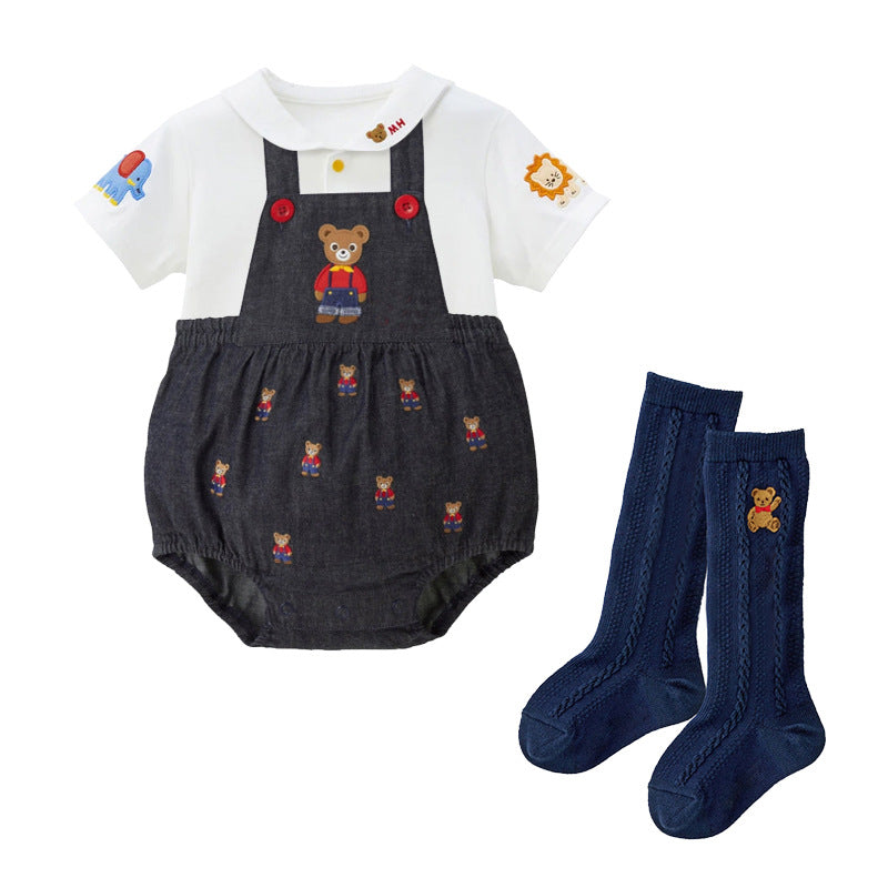 Cartoon Bear Color Letter Embroidery Sailor Collar Short Sleeve Long Children's Shirt