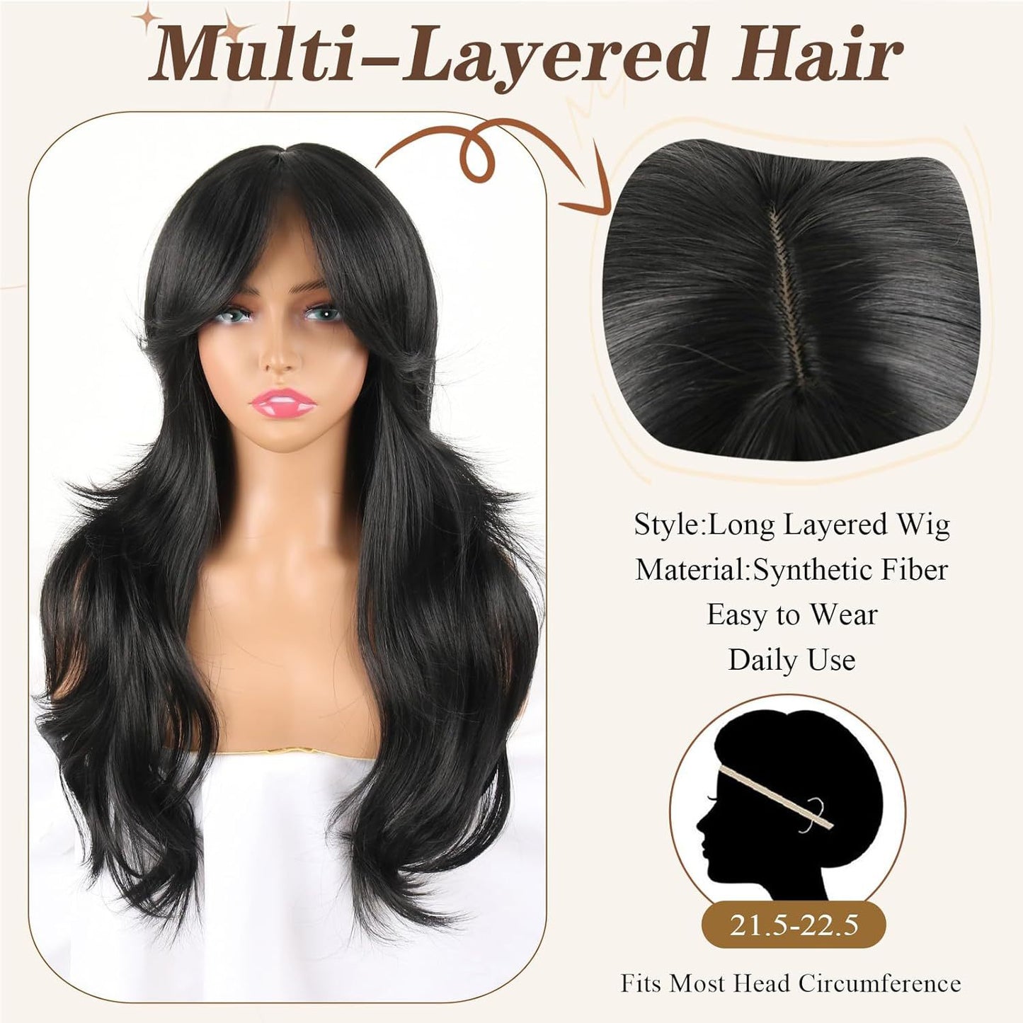 Women's Black Curly Hair Bangs Big Wave Head Wig Long Curls