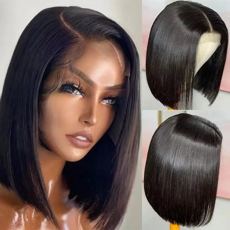 Medium Black Wave Head Cover Front Wig Short Straight Hair