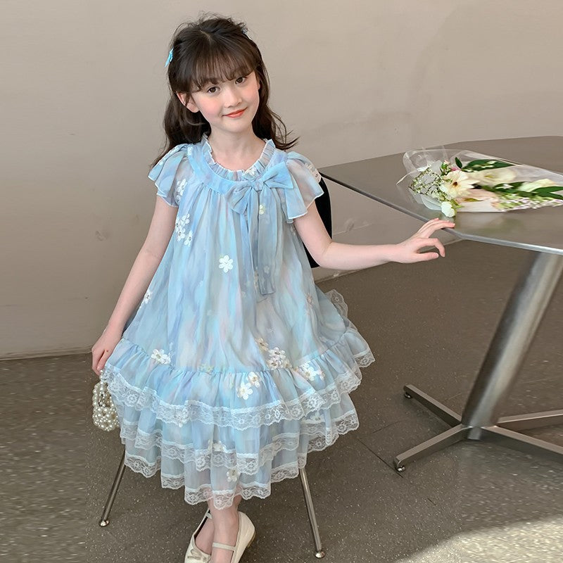Children's Blue Lace Sweet Cute Medium Large Female Summer Korean Travel Children's Dress