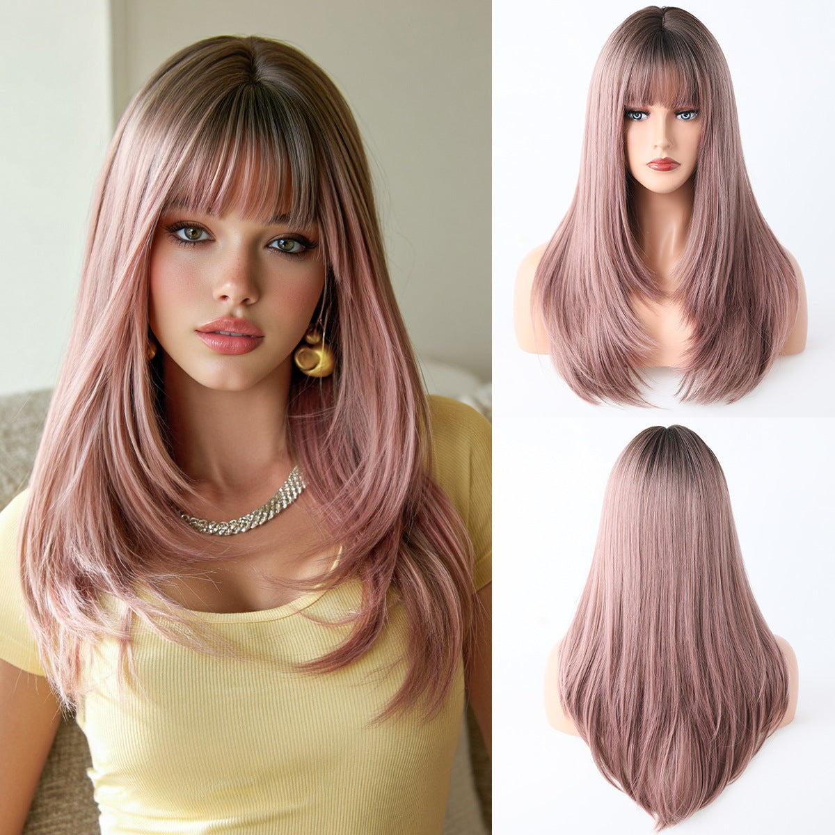 High Level Female Air Bangs Hair Brown Daily Fluffy Quality Long Straight Wig