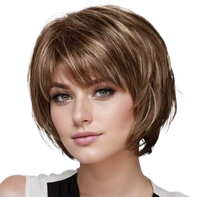 Women's Fluffy Side Bangs Gold White Fiber One Wig Short Straight Hair