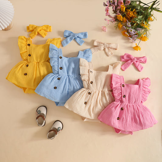 Sleeve Square Collar Crepe Chine Fabric Hair Band Sweet Triangle Children's Dress