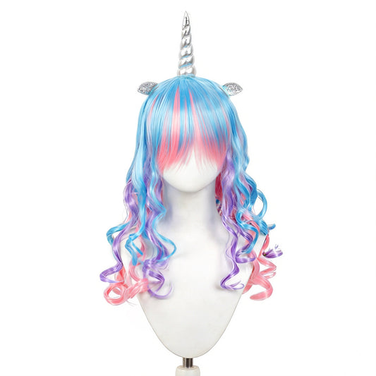 Unicorn Color Dress Up Props Sier Horn Colorful Wavy Cos Wig