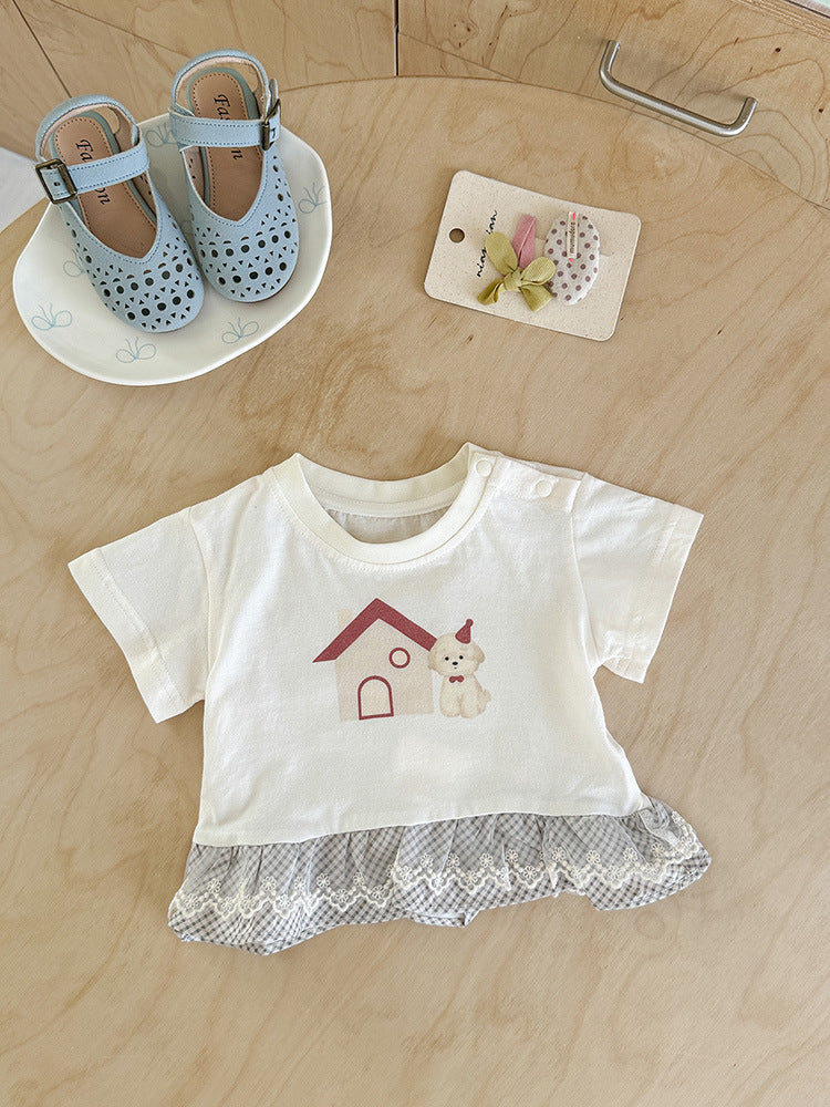 Summer Infant Cartoon Printed Top Sweet Lace Short Children's T-shirt