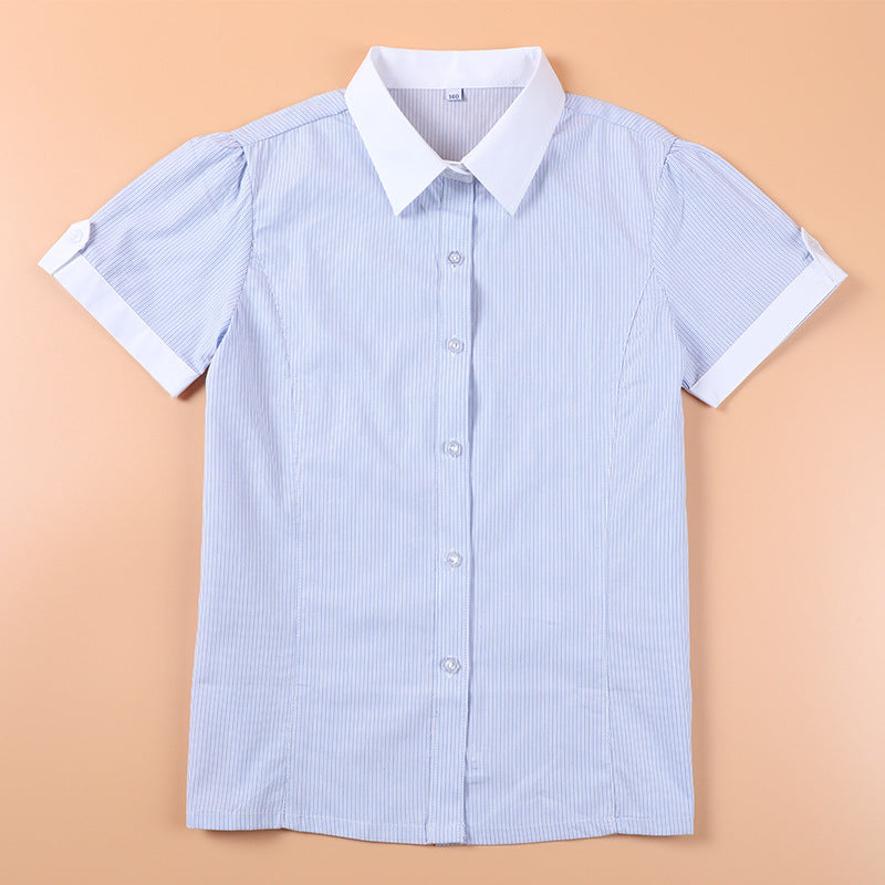 Striped Long-sleeved Cotton White Collar Middle Large Primary School Uniform Children's Shirt