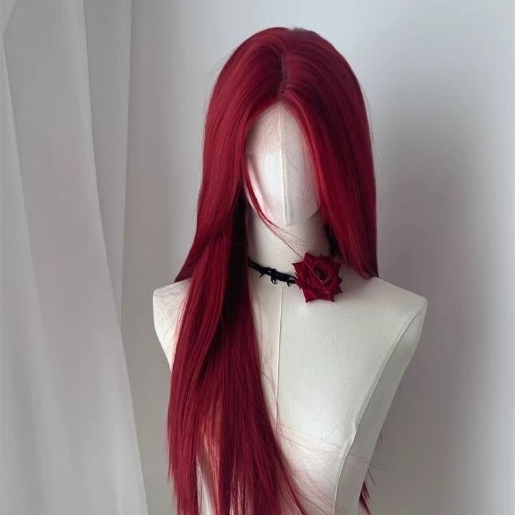 Women's Medium Thin Natural Sheath Points Raspberry Straight Wig Long Curls