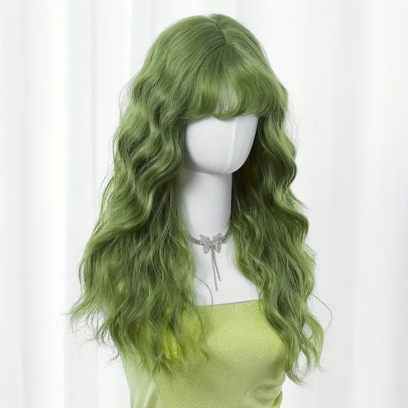 Women's Grass Green Small Bangs Water Ripple Curly Wig Long Curls