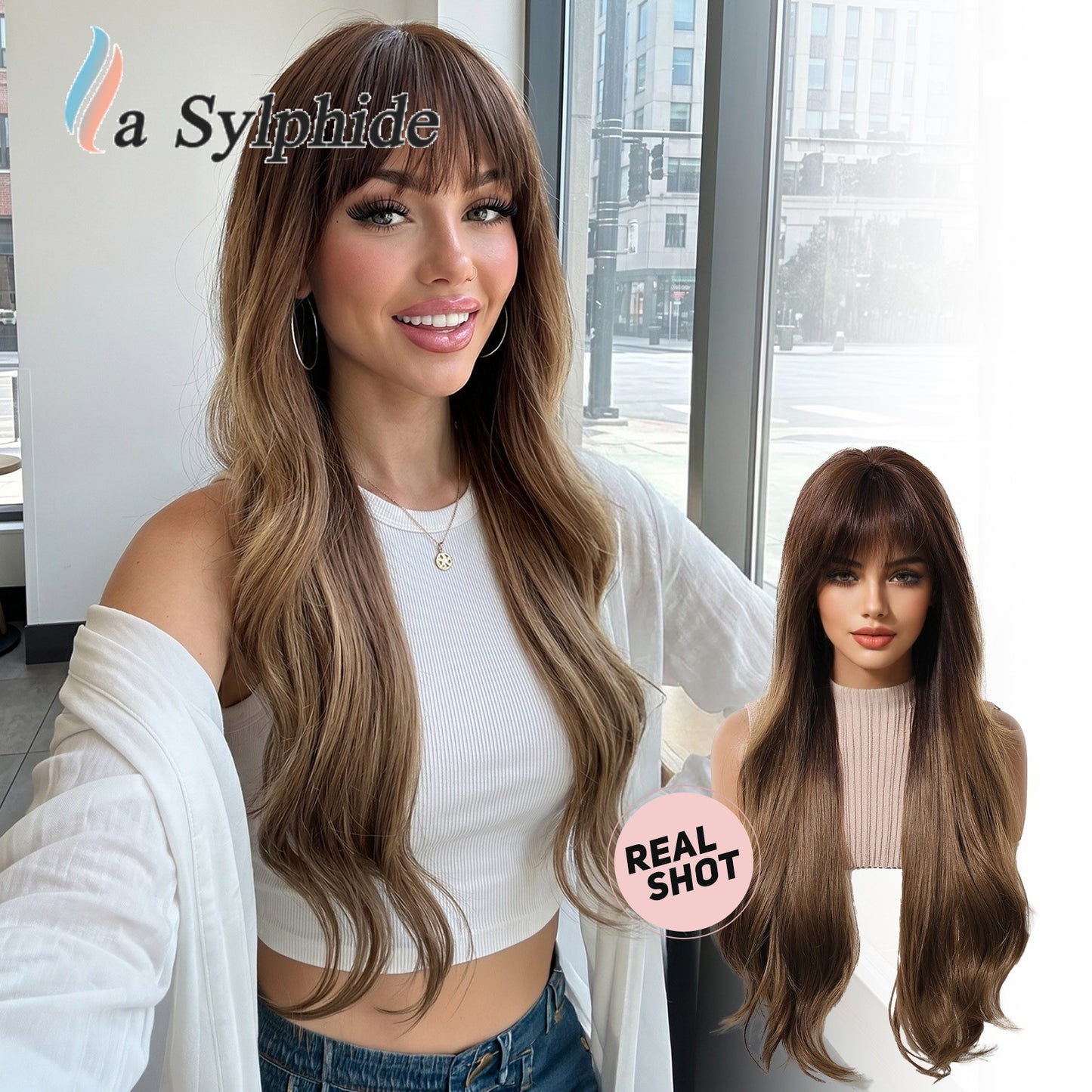 Bangs Super Water Ripple Milk Tea Brown Wig Long Curls