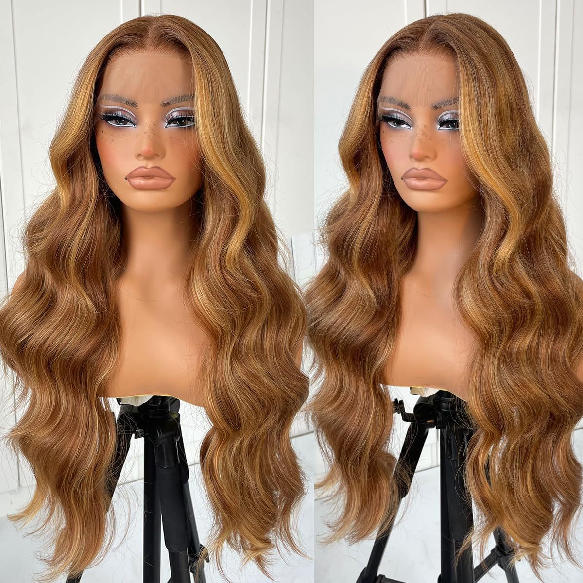 Women's Front Lace Synthetic Wigs Golden Medium Curly Hair Big Wave Wig Long Curls