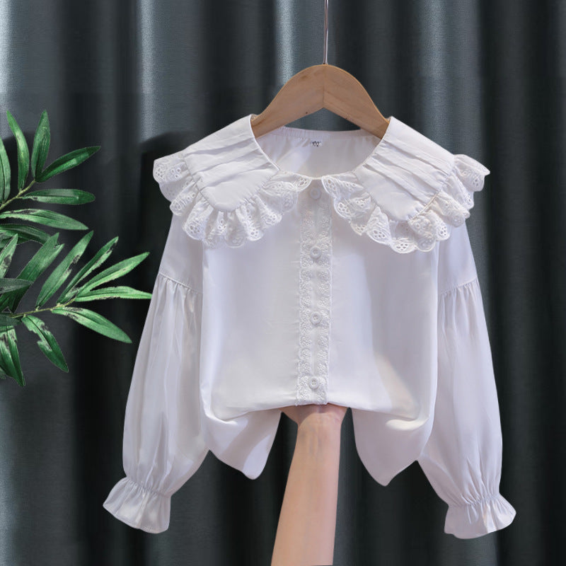 White Long Sleeve Cotton Versatile Medium Large College Western Children's Shirt