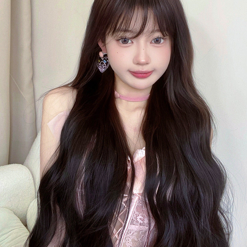 Female Curly Hair Breathable Natural Round Face Cute Air Bangs Wig Long Curls