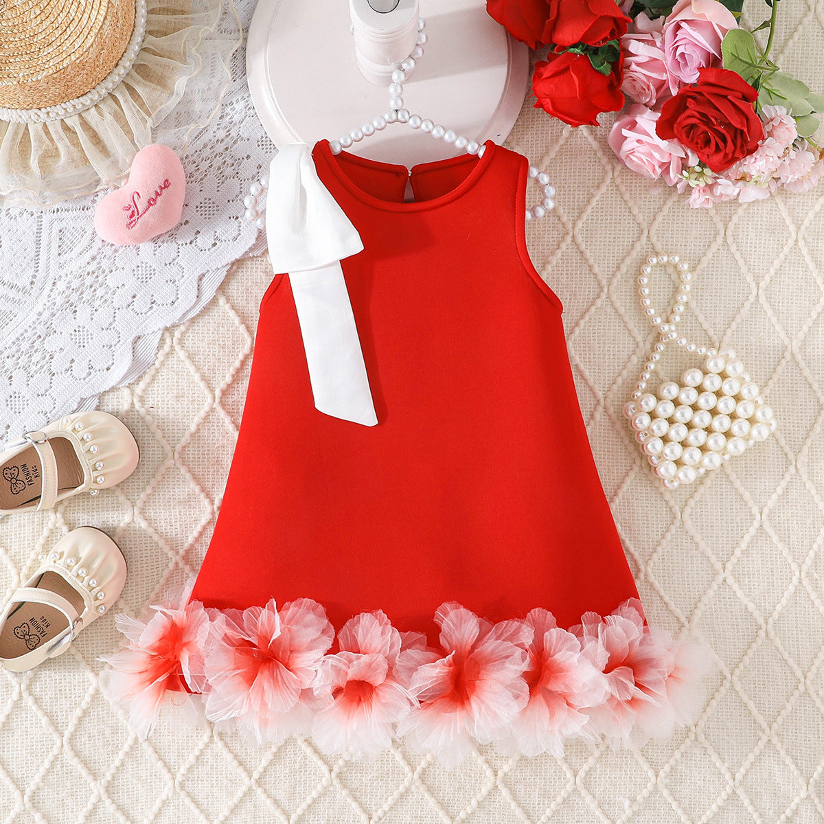 Solid Color Sleeveless Three-dimensional Flower Skirt Bow Children's Dress