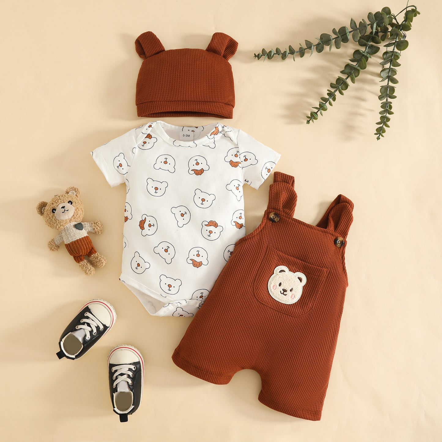 Boy Short Sleeve Striped Animal Pattern Triangle Jumpsuit Waffle Zhang Children's Suit