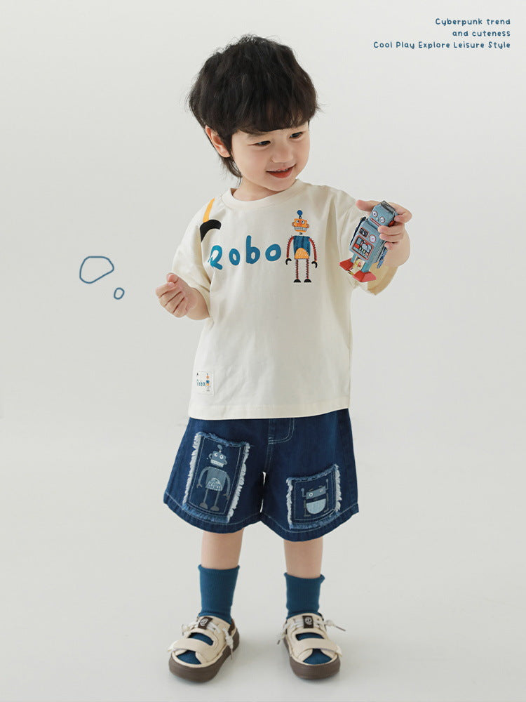 Children's Thin Loose T-shirt Lapel Shorts Robot Series Children's Shirt