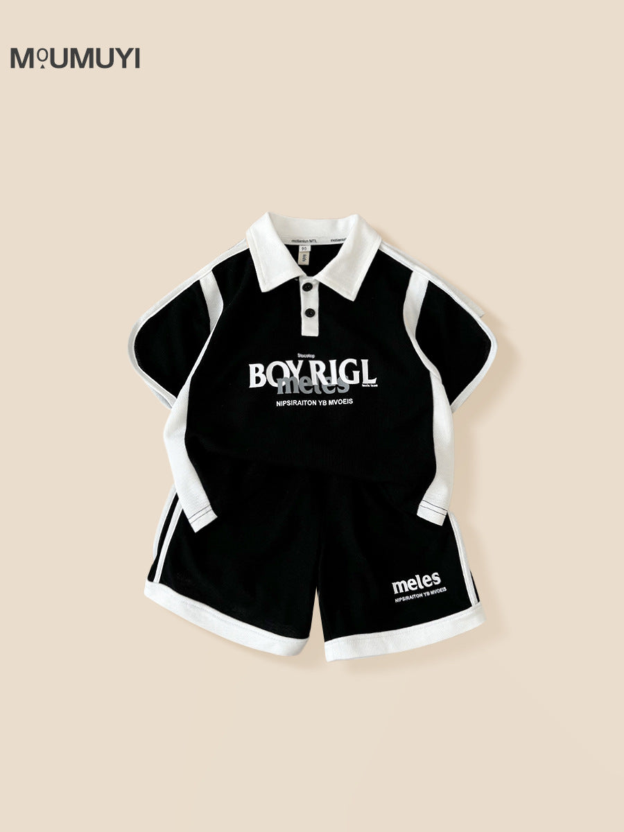 Style Trendy Stitching Contrast Color Short Sleeve Loose Shorts Two-piece Children's Suit