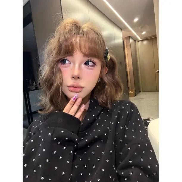 Caramel Warm Brown Natural Fluffy Korean Style Small Egg Roll Wig Short Curly Hair