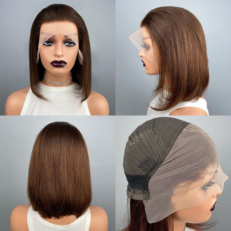 Fashion Brown Medium Real Head Cover Front Wig Short Straight Hair