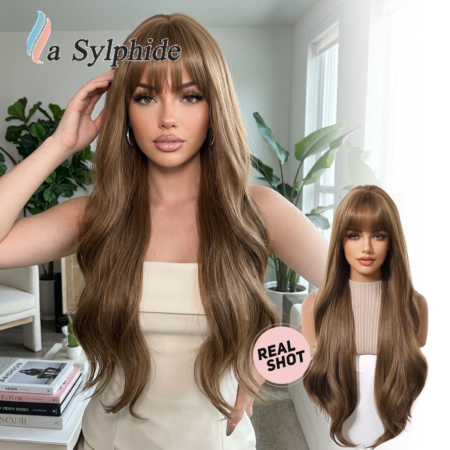 Bangs Super Water Ripple Milk Tea Brown Wig Long Curls