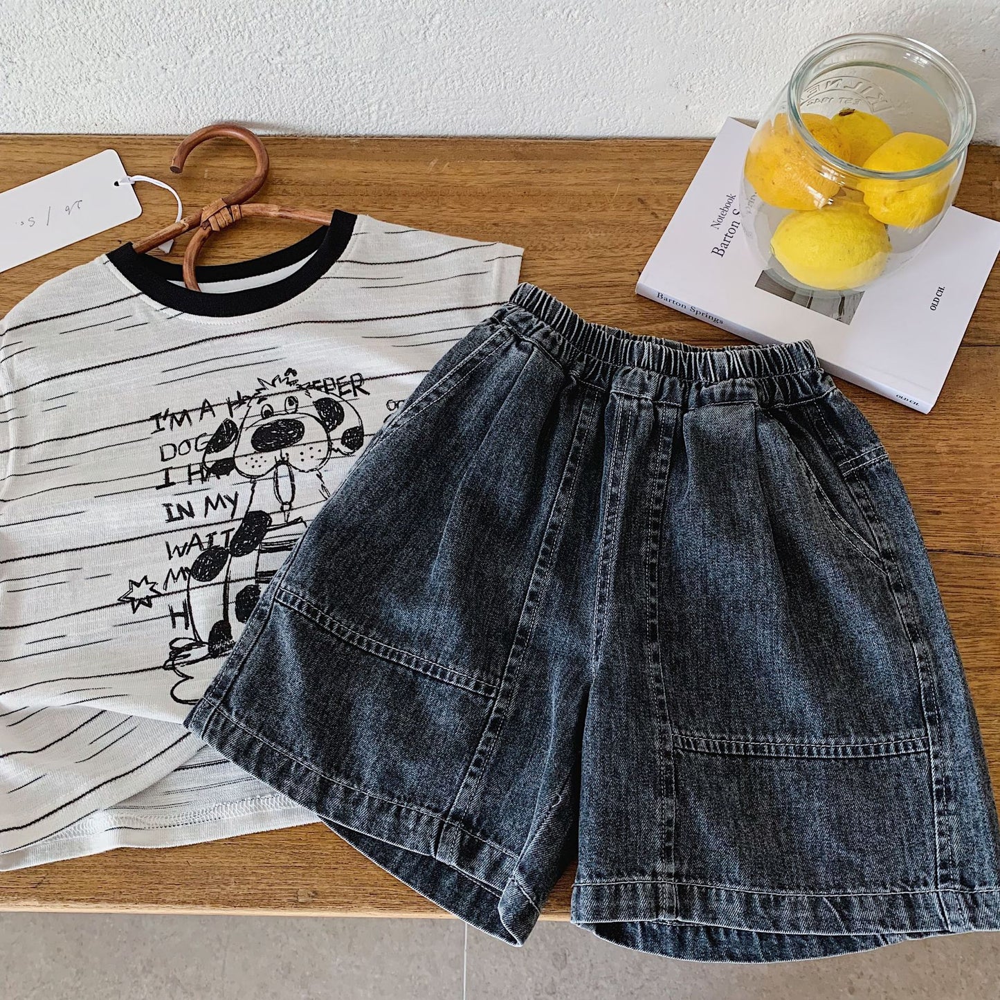 Children's Summer Fashion Cartoon Striped Two-piece Woven Children's Suit