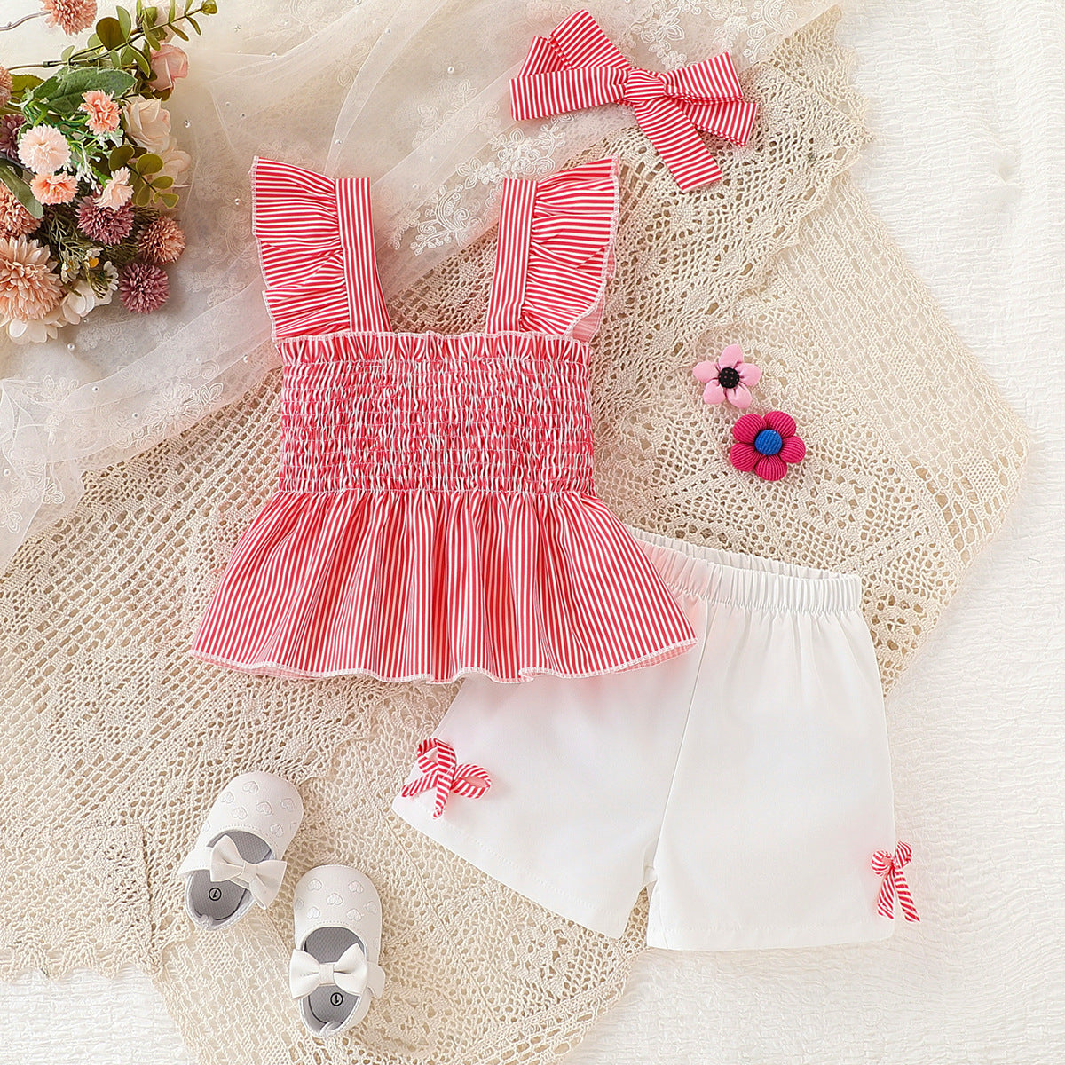 Children's Smocking Top Solid Color Shorts Three-piece Children's Suit