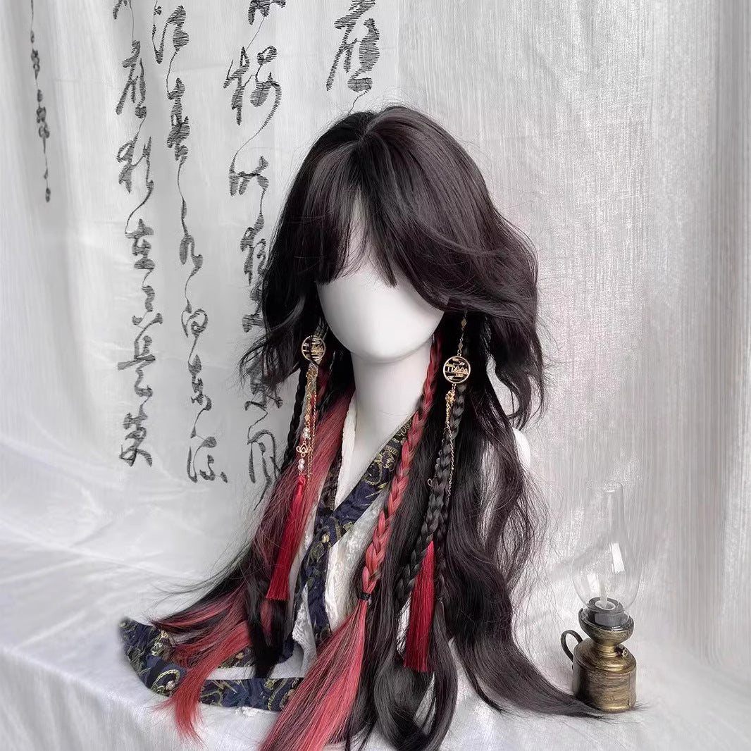 Red Dust Rolled Female Black Dyed Small Jellyfish Head Ancient Wig Long Curls