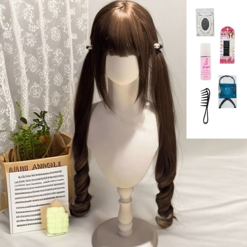 Double Ponytail Tie Out Curly Hair With Sideburns Wig Long Curls