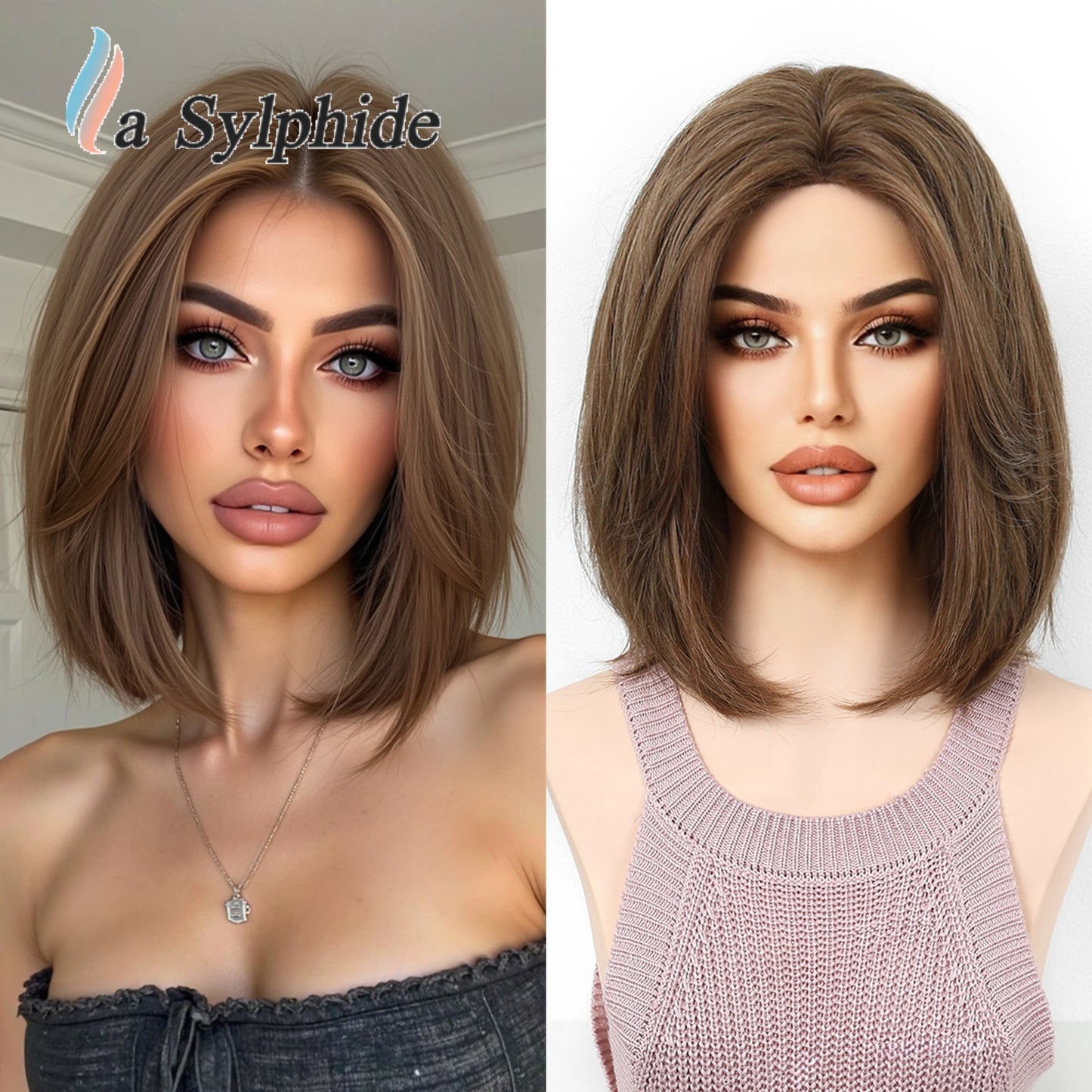 Female Brown Gradient Mid-point Fashion Overseas Wig Short Straight Hair
